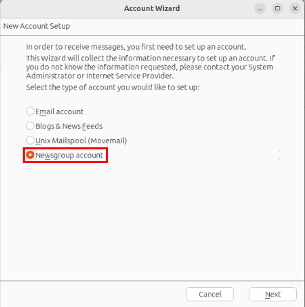 A screenshot highlighting the "Newsgroup account" radio button in SeaMonkey.