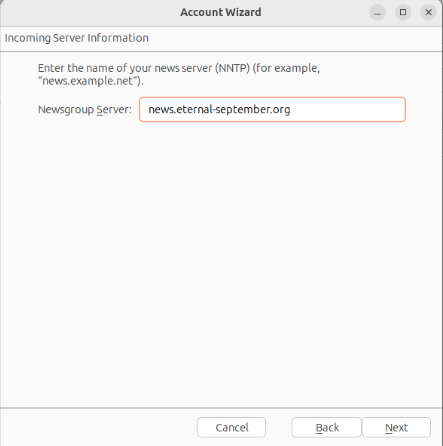 A screenshot highlighting the USENET provider's address in SeaMonkey.