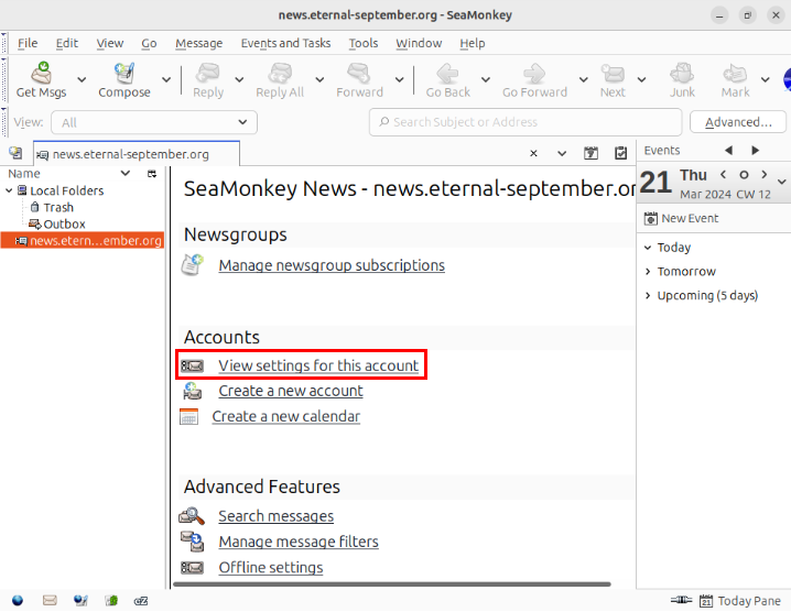 A screenshot highlighting the account settings menu in SeaMonkey.