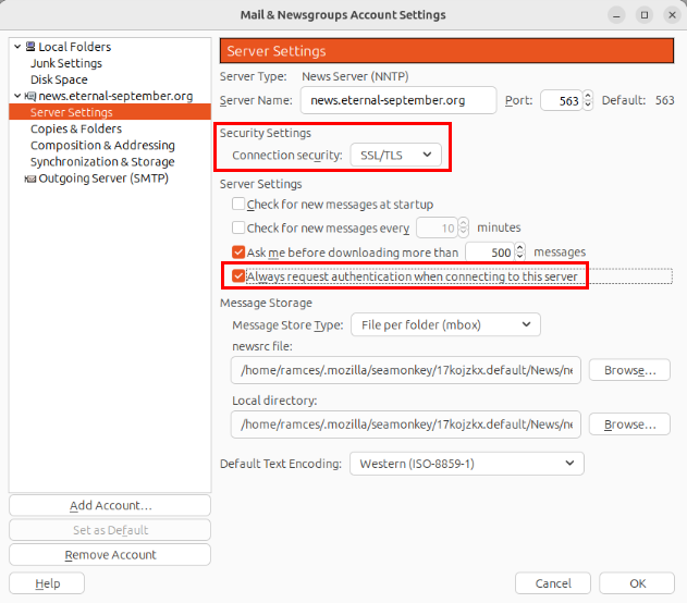 A screenshot highlighting the security options for SeaMonkey.