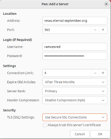 A screenshot showing the default server details window for Pan.