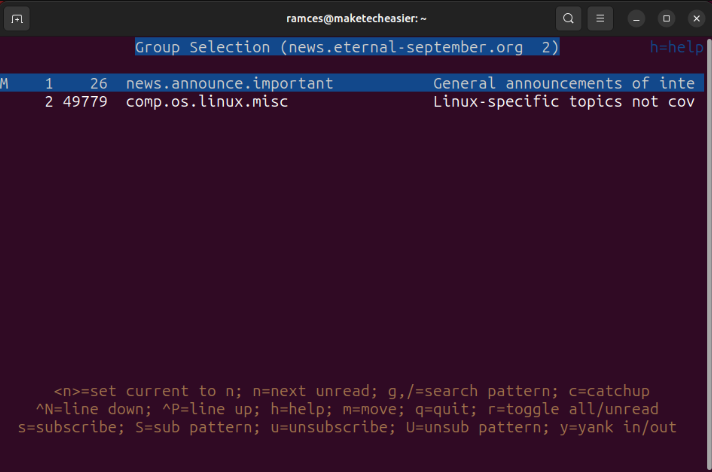 A terminal showing TIN loading two newsgroups.