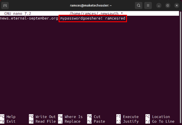 A terminal with a highlight on the user's credentials on the USENET provider's server.