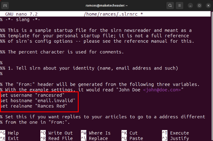 A terminal with a highlight on the user's personal details for slrn.