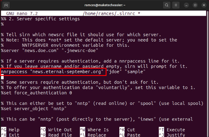 A terminal with a highlight in the nnrp variable for slrn's config file.