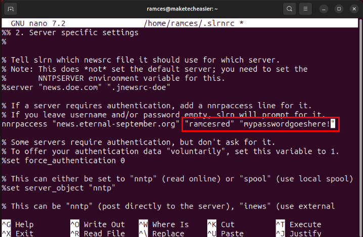 A terminal with a highlight in the user's credentials under the nnrp variable in slrn.