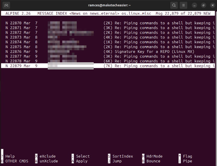 A terminal showing the Alpine client working and loading newsgroup messages.