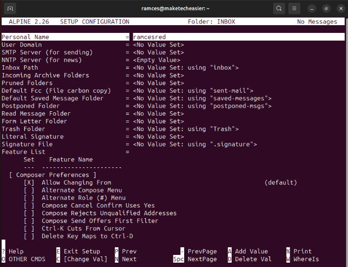 A terminal showing the default Alpine configuration screen.