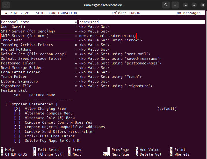 A terminal showing a highlight of the NNTP Server variable for Alpine.