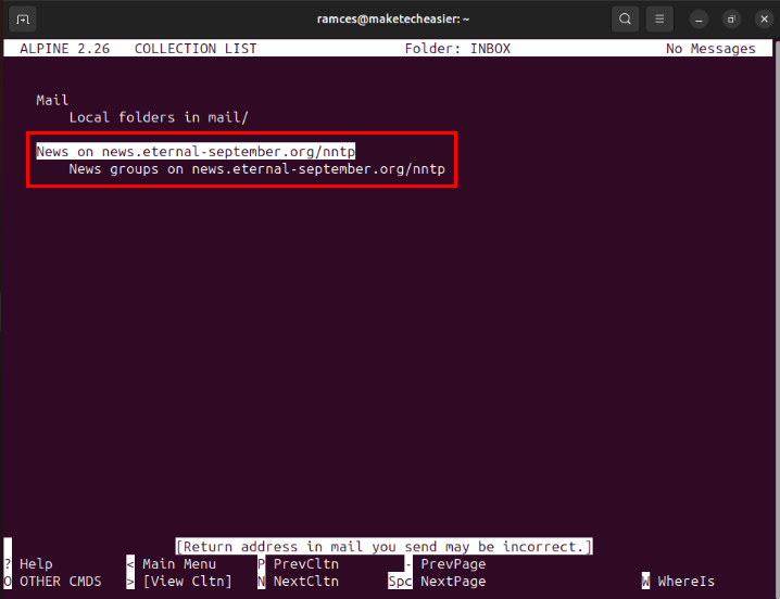 A terminal showing a highlight of the Eternal September server in Alpine.