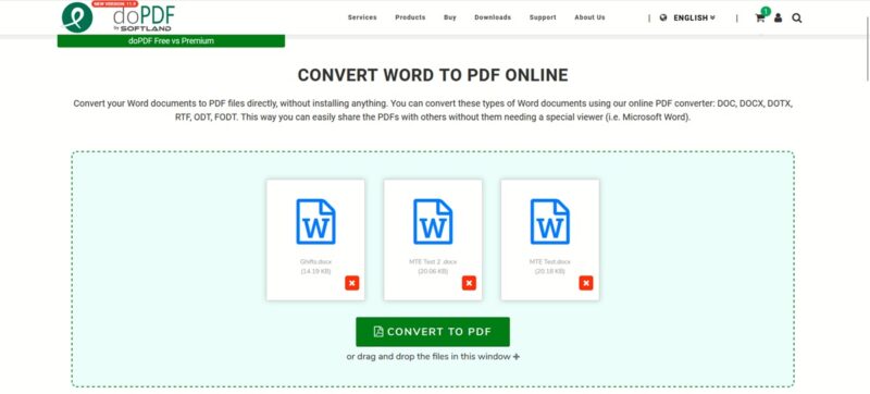 Uploading documents for conversion to PDF on doPDF website.