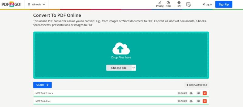 Uploading documents for conversion to PDF on PDF2Go website.