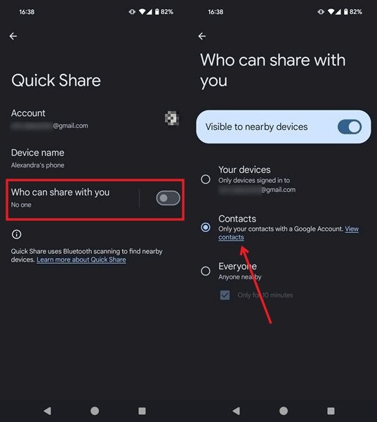 Changing settings for Quick Share feature on Android.