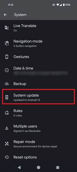 Tapping on "System update" on System on Android.