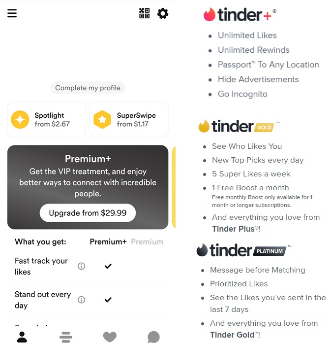 Premium options for Bumble and Tinder