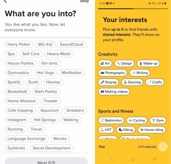 Choosing interests on Bumble vs Tinder