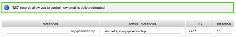 A screenshot of an example MX record for SimpleLogin.