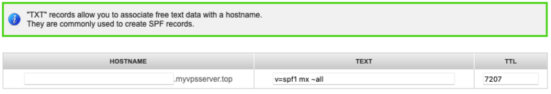 A screenshot of an example TXT record for SPF.