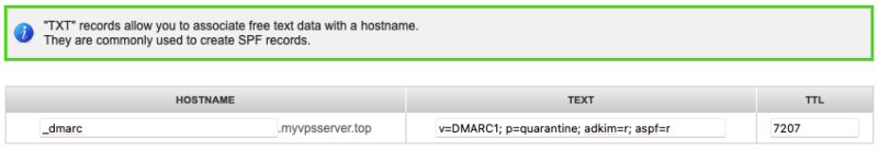 A screenshot of a TXT record for DMARC.