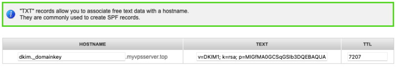 A screenshot of a TXT record for DKIM.