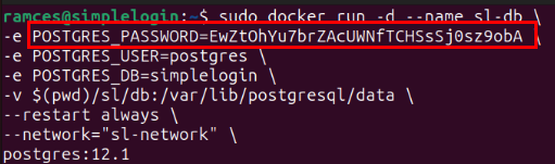 A terminal highlighting the random Postgres password for the SimpleLogin instance.