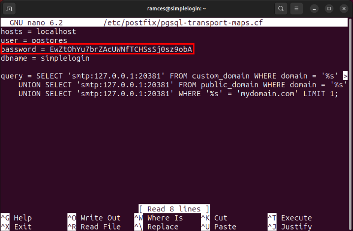 A terminal showing the Postgres password in the Postfix transport map config file.