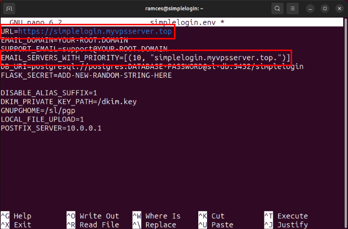 A terminal highlighting the sections of the config file that needs to include the server's subdomain.