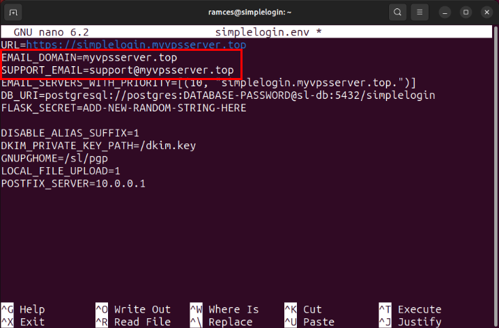 A terminal highlighting the sections of the environment file that only needs the server's root domain.
