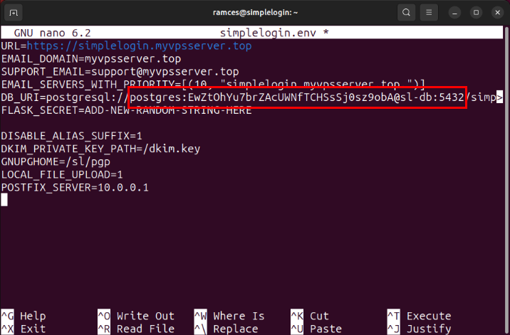 A terminal highlighting the section of the environment file that needs the Postgres password.