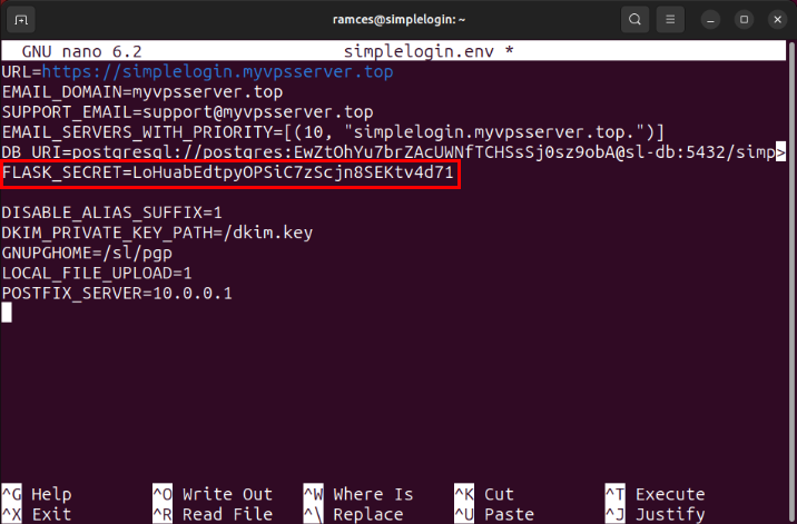 A terminal highlighting the section of the environment file that requires a new random string.