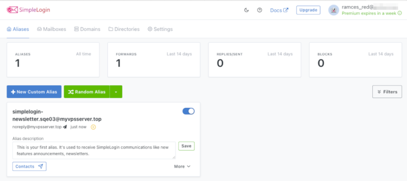 A screenshot of a working SimpleLogin web dashboard.