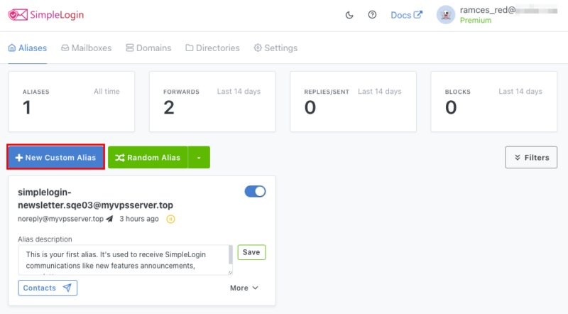 A screenshot of the SimpleLogin dashboard highlighting the "New Custom Alias" button.