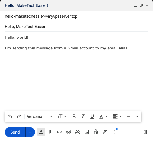 A screenshot showing an example message to an email alias.