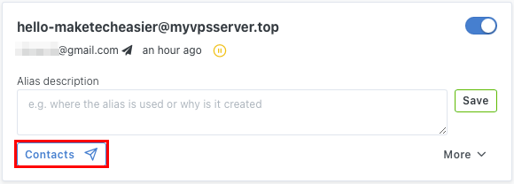 A screenshot highlighting the "Contacts" button for creating reverse-alias addresses.