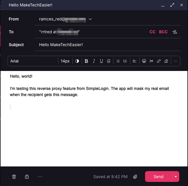 A screenshot showing a message being sent to a reverse alias.