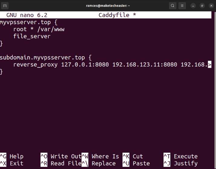 A terminal showing an example Caddyfile.