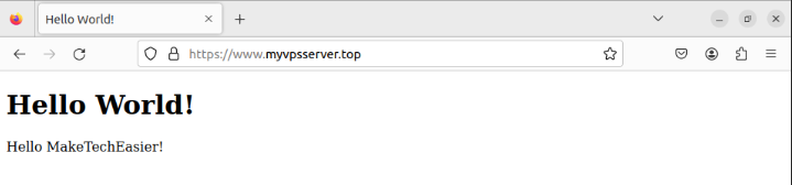 A screenshot showing the sample website working with an external domain name.