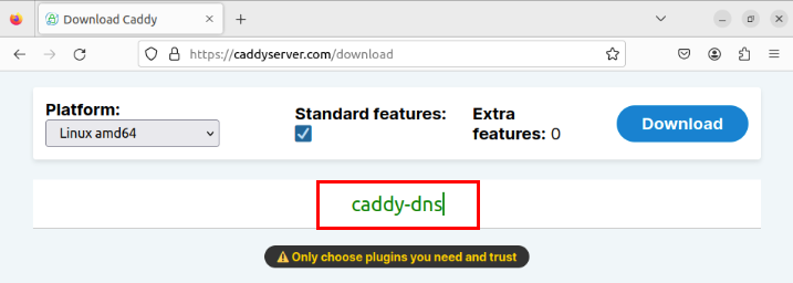 A screenshot highlighting the caddy-dns search box on the Caddy Download page.