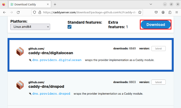 A screenshot highlighting the Download button after selecting the caddy-dns build for DigitalOcean.