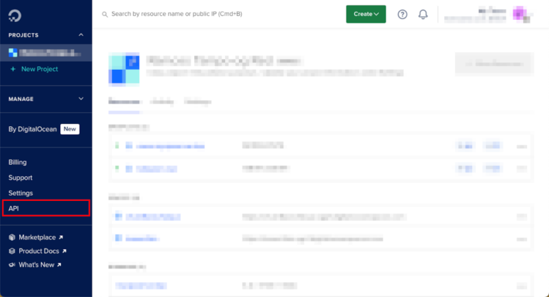 A screenshot highlighting the API button on the DigitalOcean dashboard.