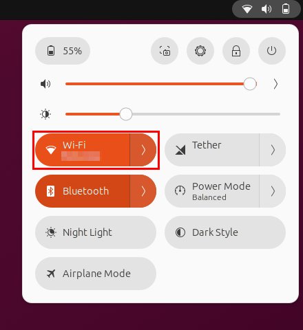 A screenshot highlighting the Wi-Fi toggle switch on the Ubuntu Quick Menu.