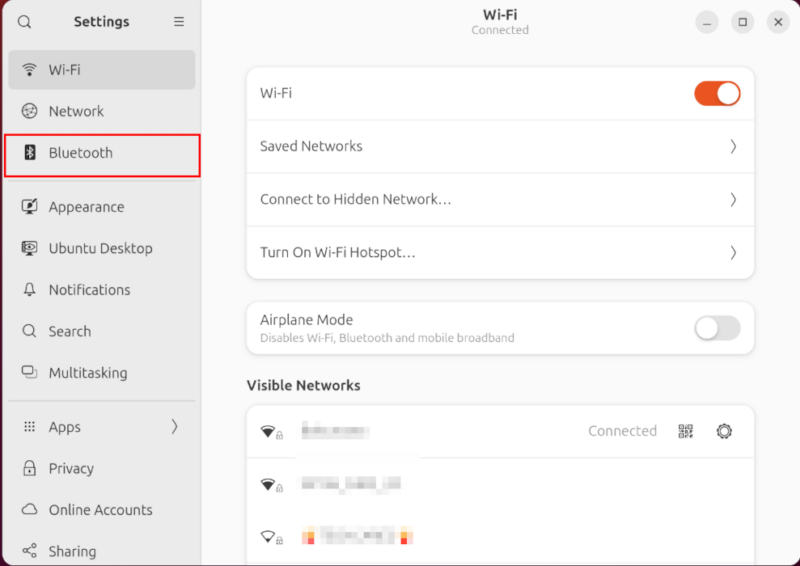 A screenshot highlighting the Bluetooth category on Ubuntu's Settings window.