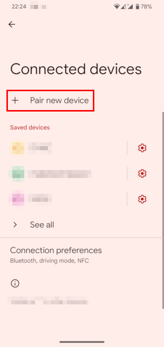 A screenshot highlighting the "Pair new device" option on the phone's Bluetooth menu.