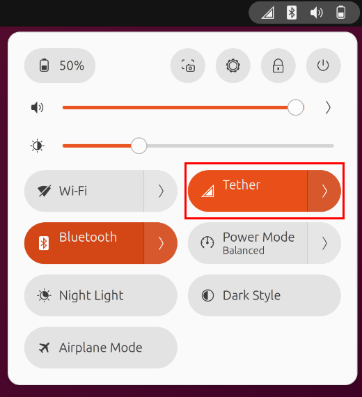 A screenshot highlighting the "Tether" button on Ubuntu's Quick Settings menu.