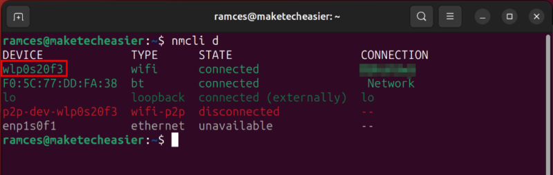 A terminal highlighting the device name for the wireless interface.