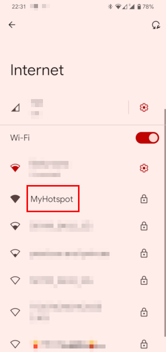 A screenshot highlighting the custom Wi-Fi hotspot showing up on the phone.