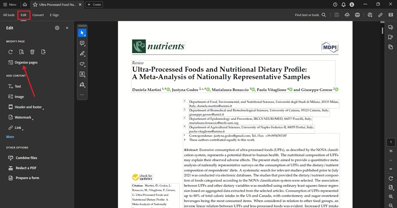 Clicking Organize pages in Acrobat app.