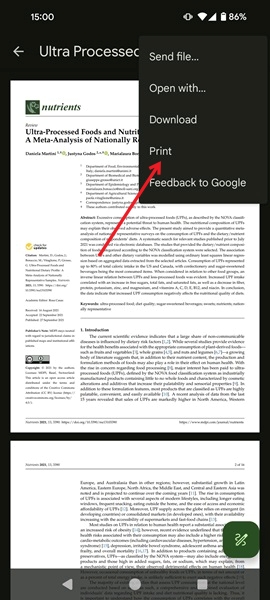 Tapping on Print option in Google Drive on Android.