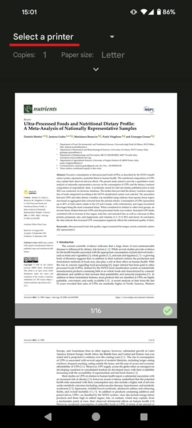 Tapping on "Select a printer" option in Google Drive app on Android.