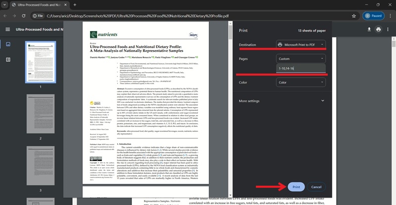 Selecting which pages to print as PDF for new file.